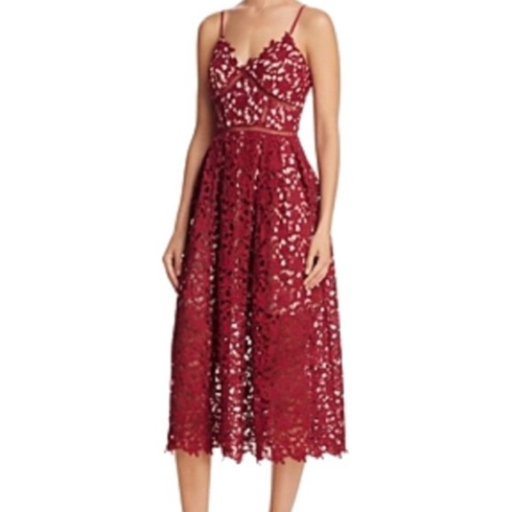 Maroon / Burgundy lace illusion midi dress